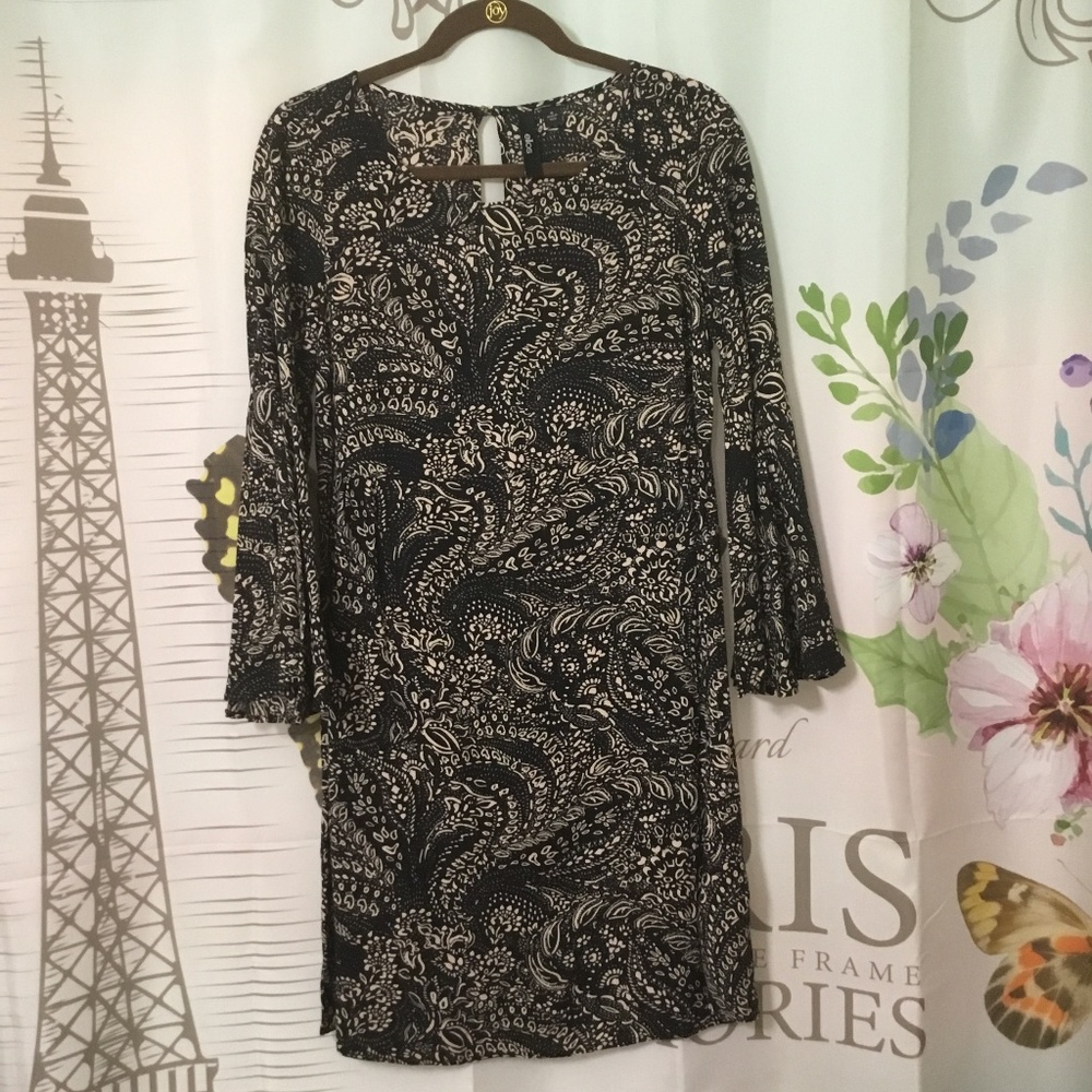 👗Ellos Size 14 Ladies Paisley Print Knee Length Dress Black Pink Bell Sleeve👗